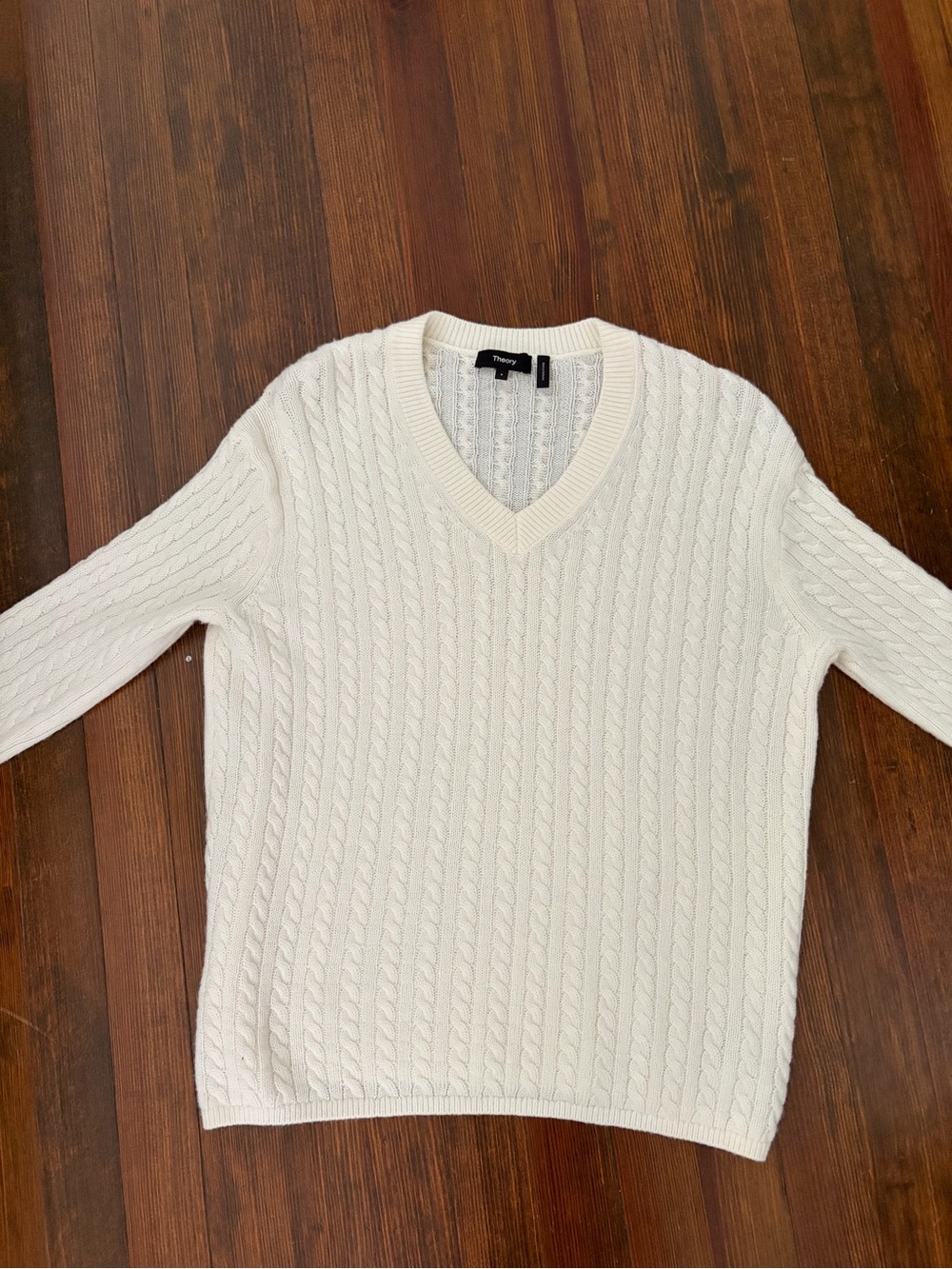 Theory Ivory Cable-Knit V-Neck Sweater
